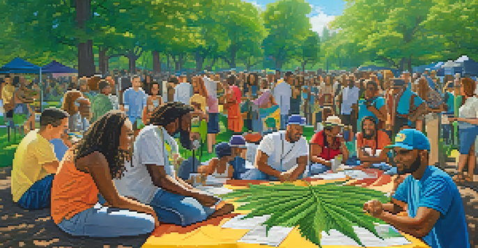 A diverse group of people in a park collaborating on a marijuana business initiative, surrounded by colorful banners and greenery.