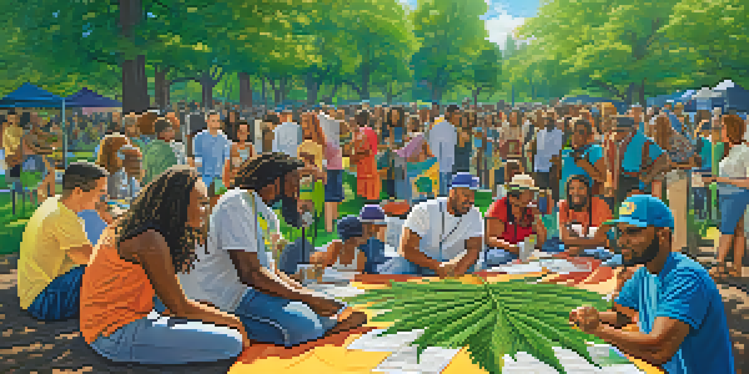 A diverse group of people in a park collaborating on a marijuana business initiative, surrounded by colorful banners and greenery.