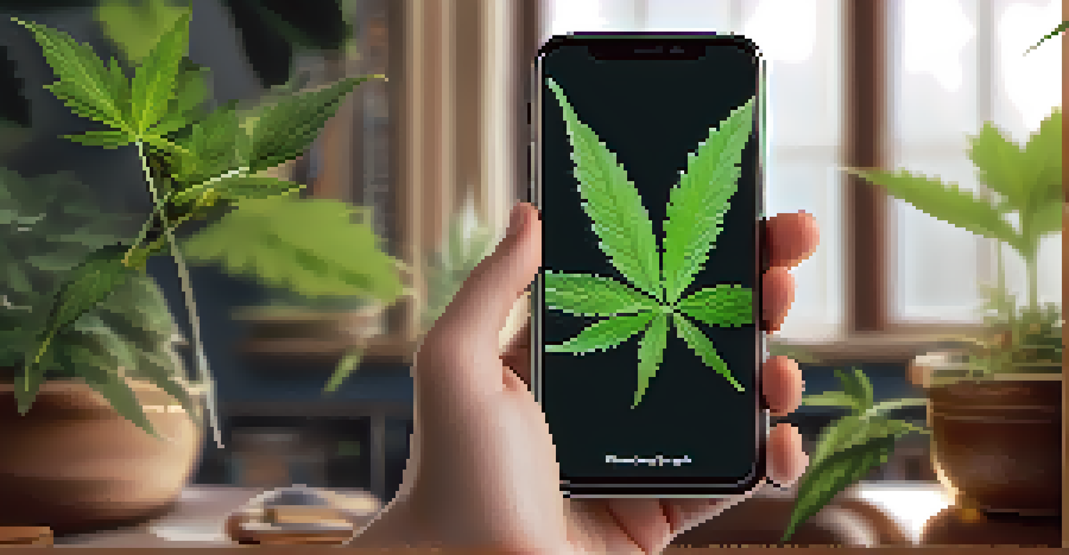 A close-up of a hand holding a smartphone showing cannabis education content, surrounded by indoor plants and soft lighting.