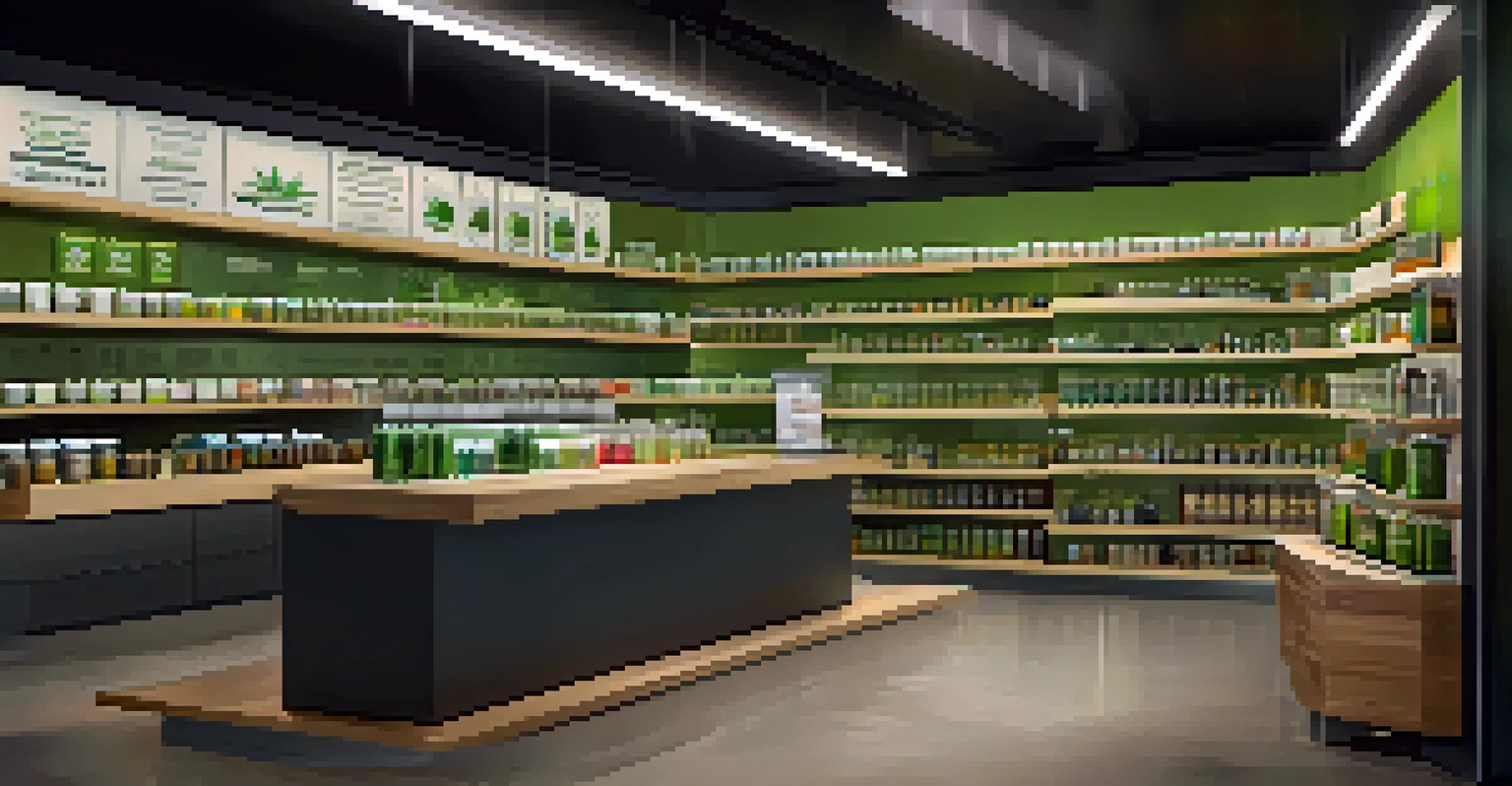 A modern cannabis dispensary with shelves of marijuana products and a friendly staff member assisting customers.