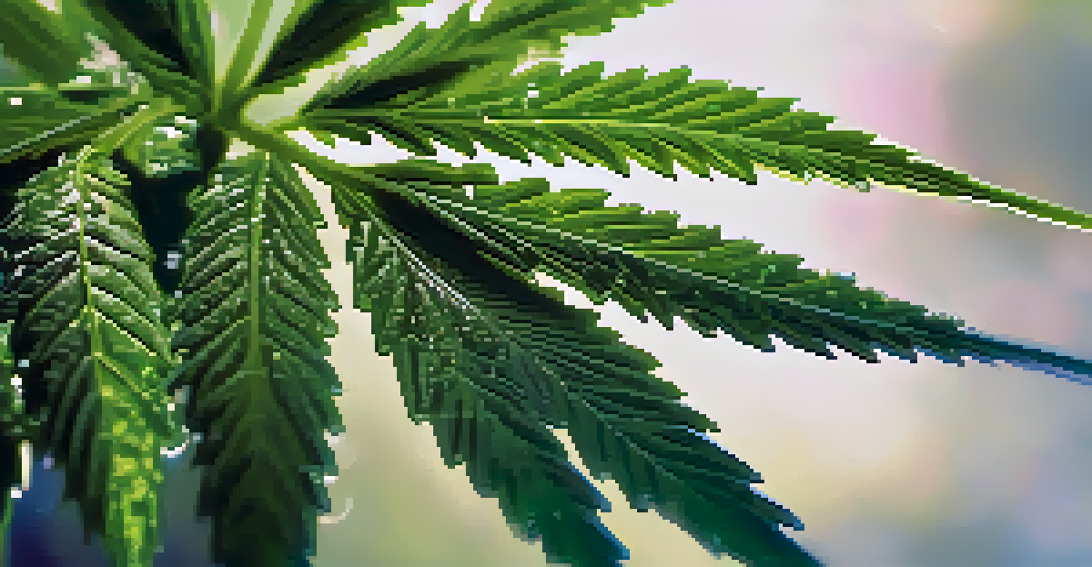 Close-up of cannabis leaves with morning dew, rich green color with intricate textures, softly blurred background.