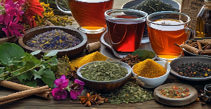 A vibrant display of herbal tea ingredients on a wooden table, showcasing dried flowers and spices in natural light.
