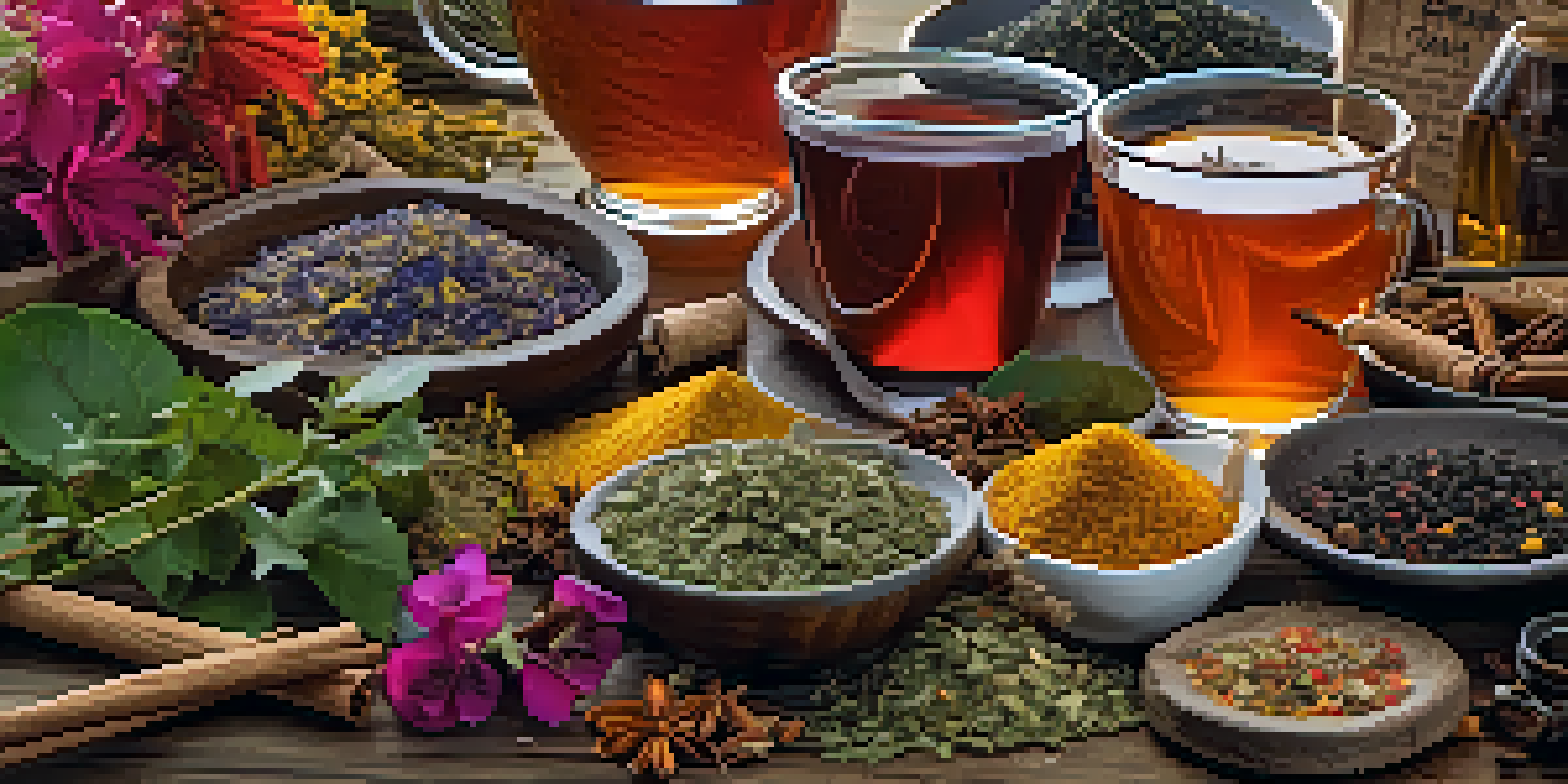A vibrant display of herbal tea ingredients on a wooden table, showcasing dried flowers and spices in natural light.