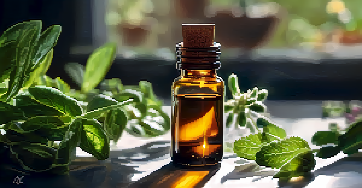 A hand holding a glass bottle of essential oil with herbs in the background, illuminated by sunlight.