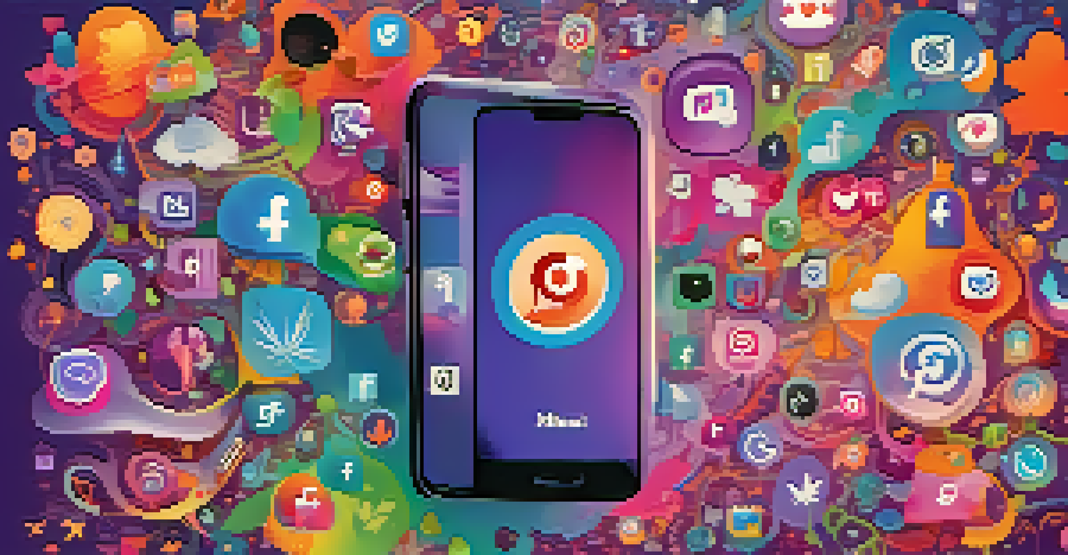 A smartphone with social media icons surrounded by colorful abstract shapes, representing emotional impact.