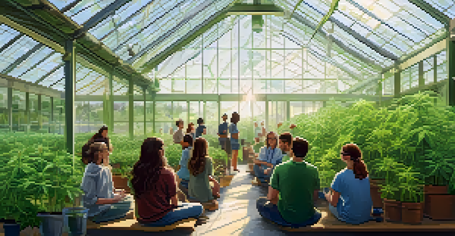 An educational workshop on cannabis cultivation in a greenhouse with participants watching an instructor demonstrate planting techniques.