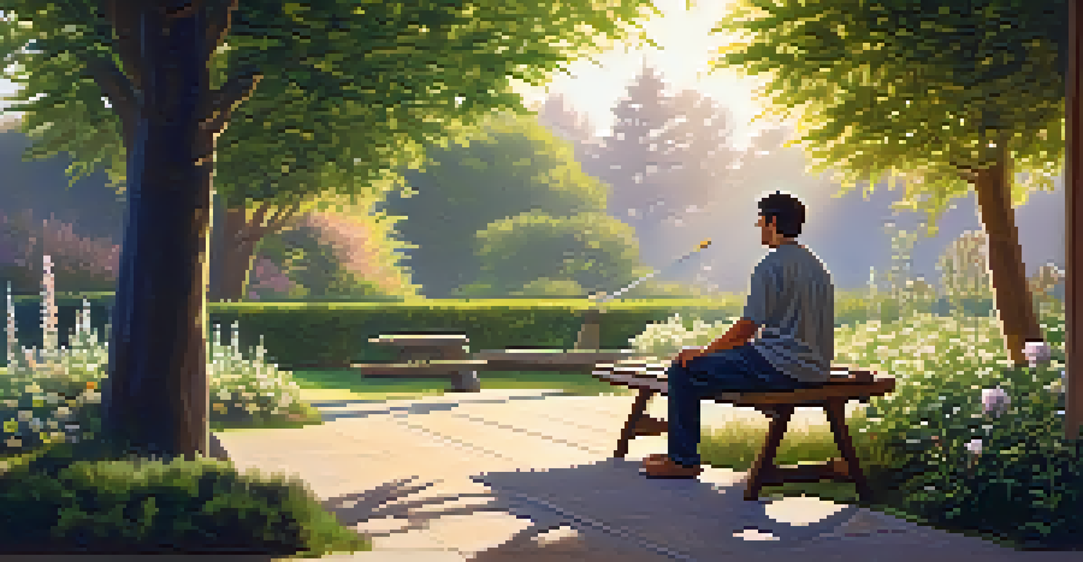 A peaceful garden with a relaxed person on a bench holding a cannabis oil bottle, surrounded by vibrant flowers and greenery.