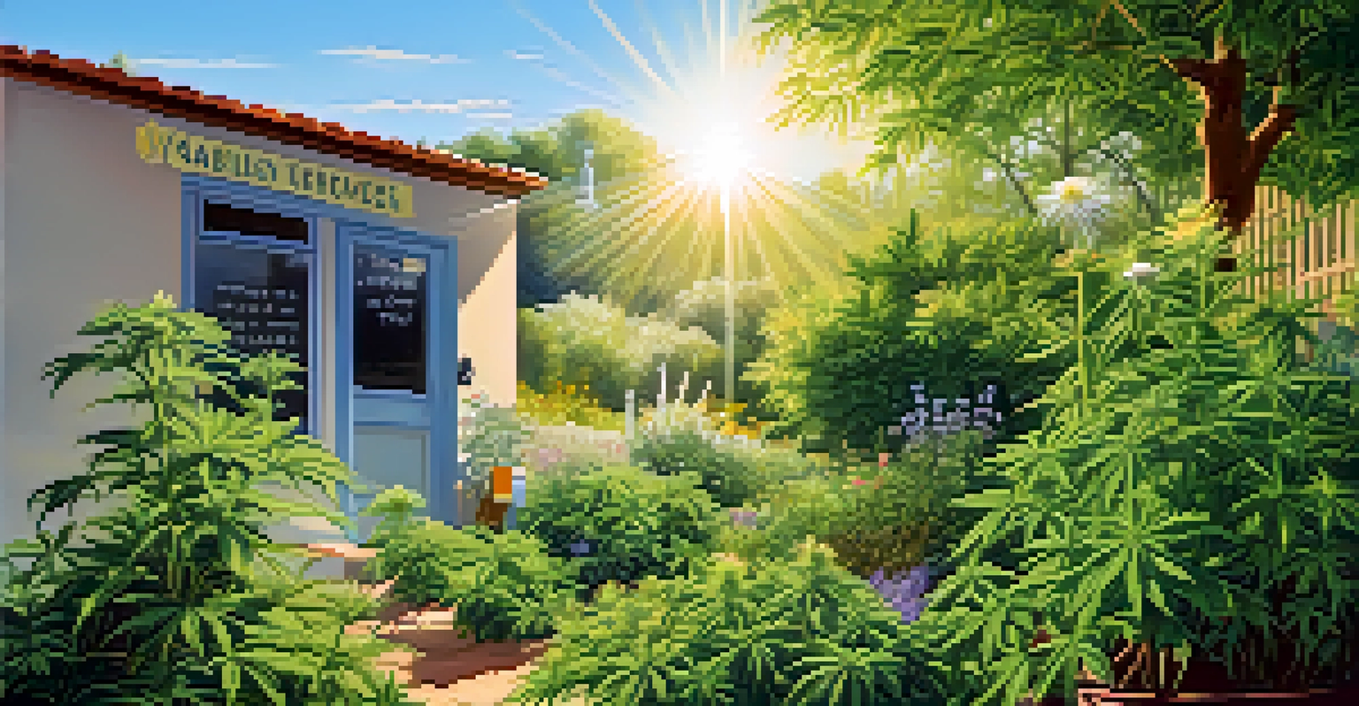 A cannabis plant in a garden with a sign about natural remedies for epilepsy in a tranquil setting.