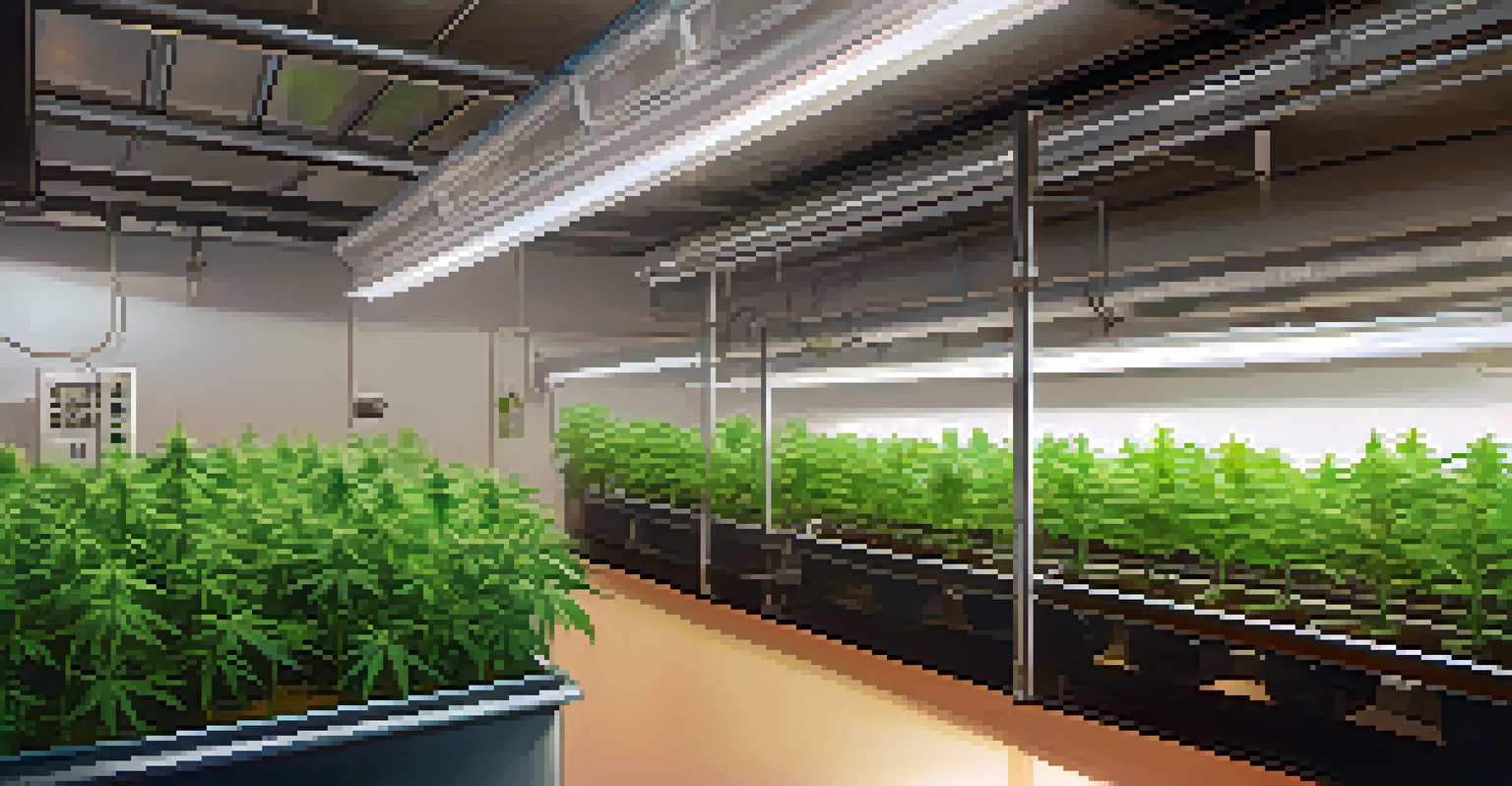 An organized indoor grow room with a ventilation system, showing marijuana plants under grow lights, and humidity control devices.