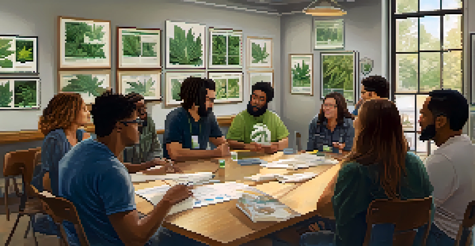 A diverse group of individuals engaged in an educational workshop about cannabis benefits, seated around a table in a well-lit room.