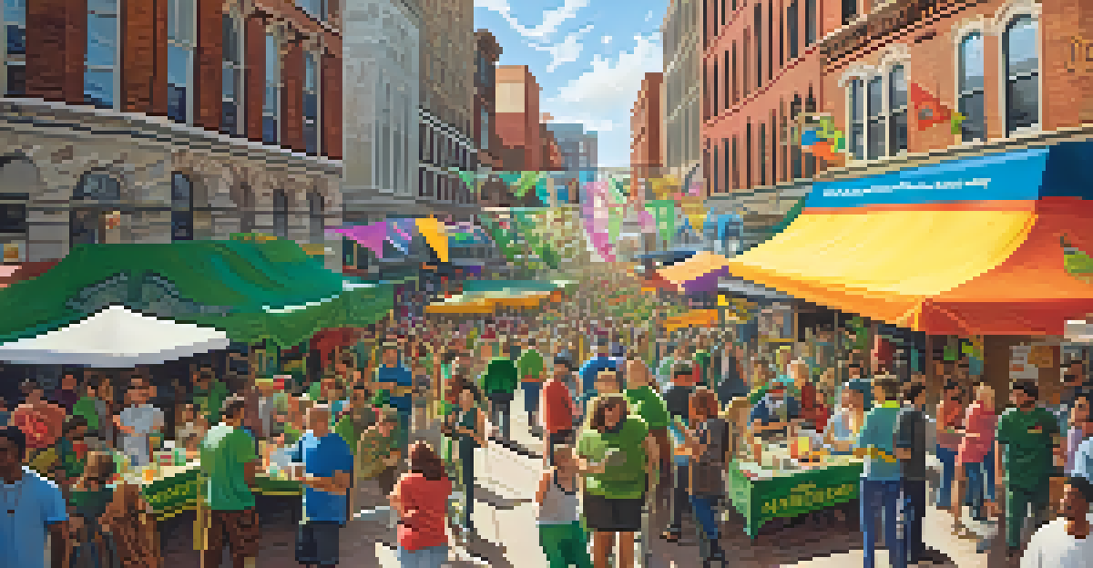 A lively community event for marijuana advocacy with colorful banners and diverse groups of people engaging.