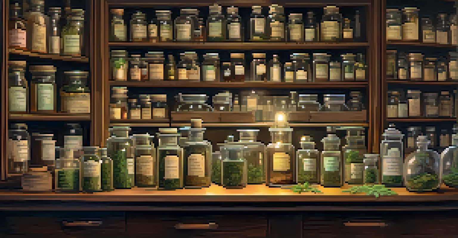 A cozy apothecary with shelves of herbs and a book about medicinal cannabis on a wooden table.