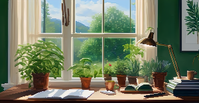 A peaceful workspace featuring a desk with a notepad and a cup of tea, surrounded by greenery and warm lighting.