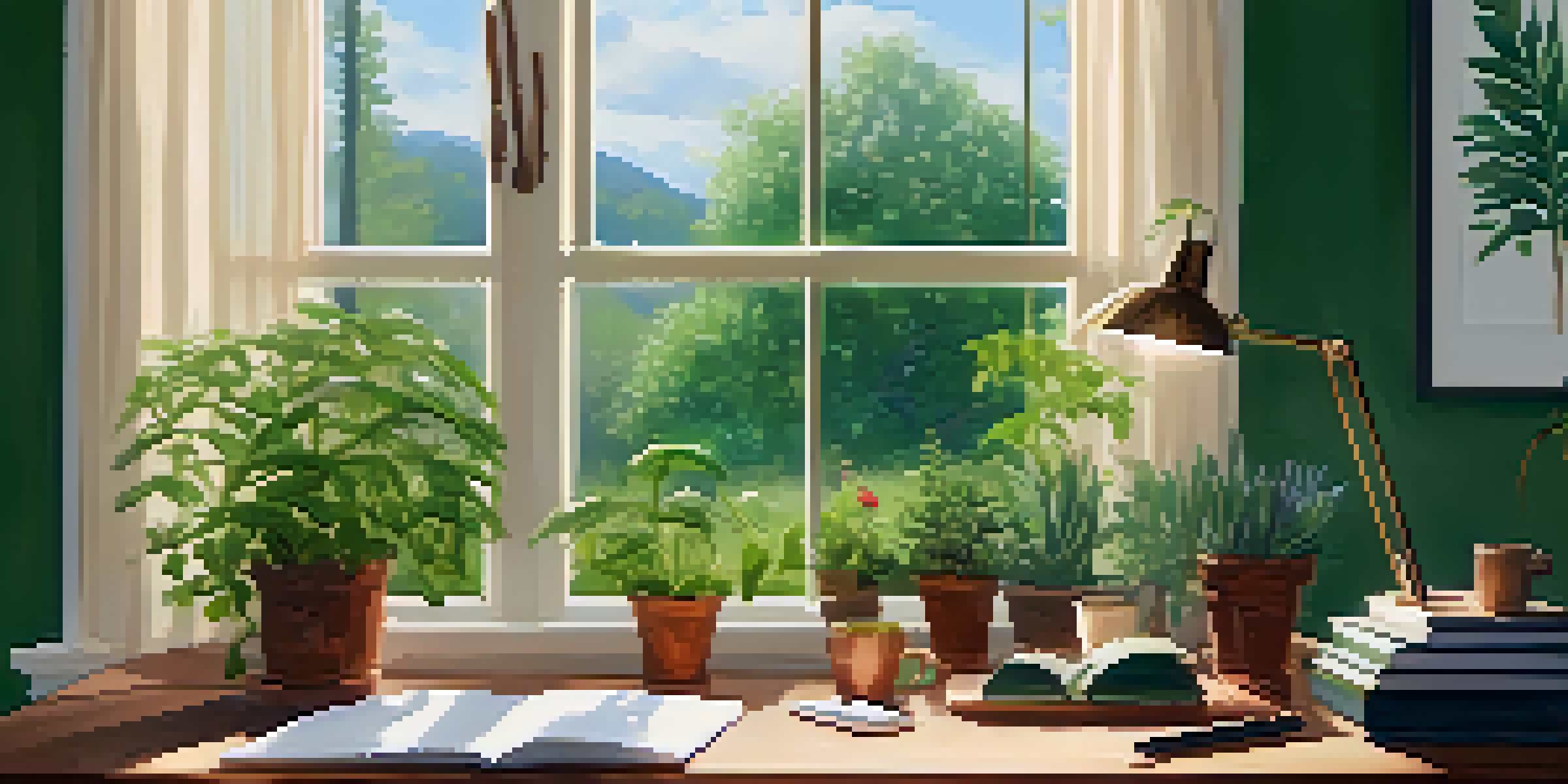 A peaceful workspace featuring a desk with a notepad and a cup of tea, surrounded by greenery and warm lighting.