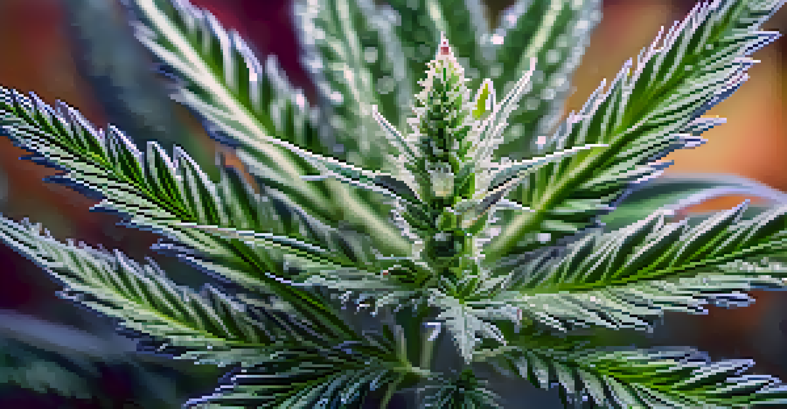 A close-up view of a cannabis plant with detailed buds and trichomes, set against a softly blurred green background.