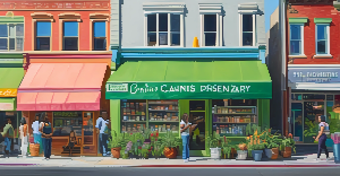 A busy street scene featuring a cannabis dispensary with diverse people interacting and vibrant storefronts.