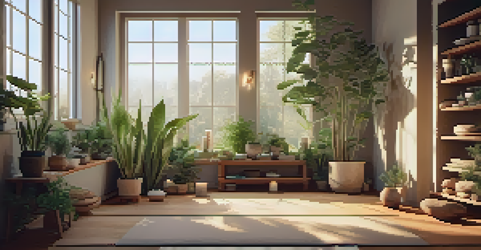 A serene meditation area featuring a yoga mat, plants, and candles, with warm sunlight creating a calming ambiance.