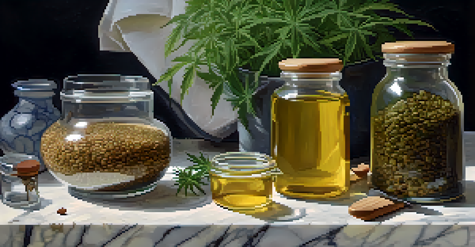A kitchen countertop with a glass jar of cannabis-infused oil surrounded by fish, flaxseeds, and walnuts, all under warm kitchen lighting.
