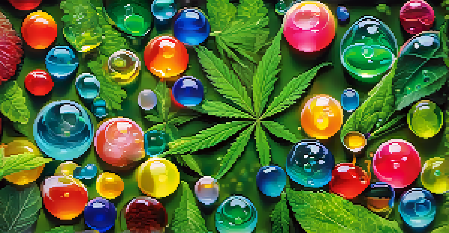 Colorful drops representing cannabinoids with green leaves in the background.