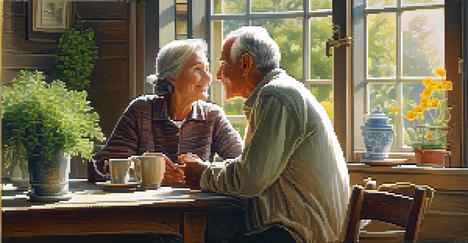 An elderly couple sitting at a table, enjoying tea and smiling at each other in a warmly lit room with plants around.