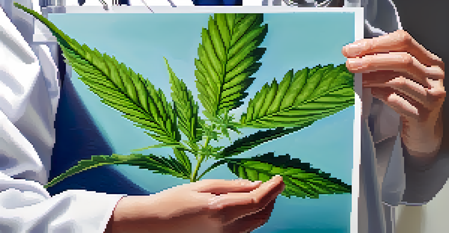 A close-up of a medical marijuana plant with hands holding a prescription pad in a softly lit environment.