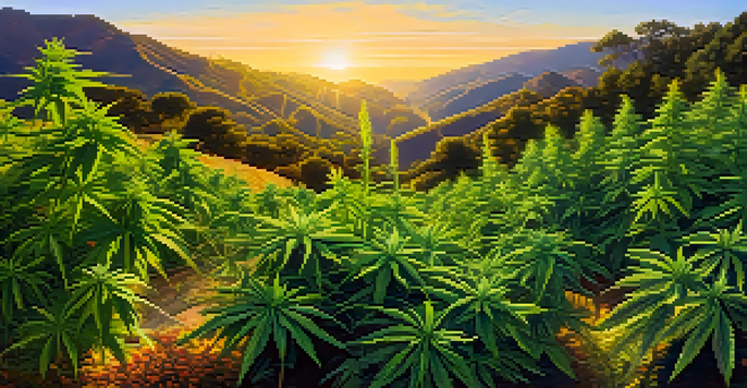 An outdoor marijuana garden illuminated by sunrise, featuring diverse green plants under a clear blue sky.
