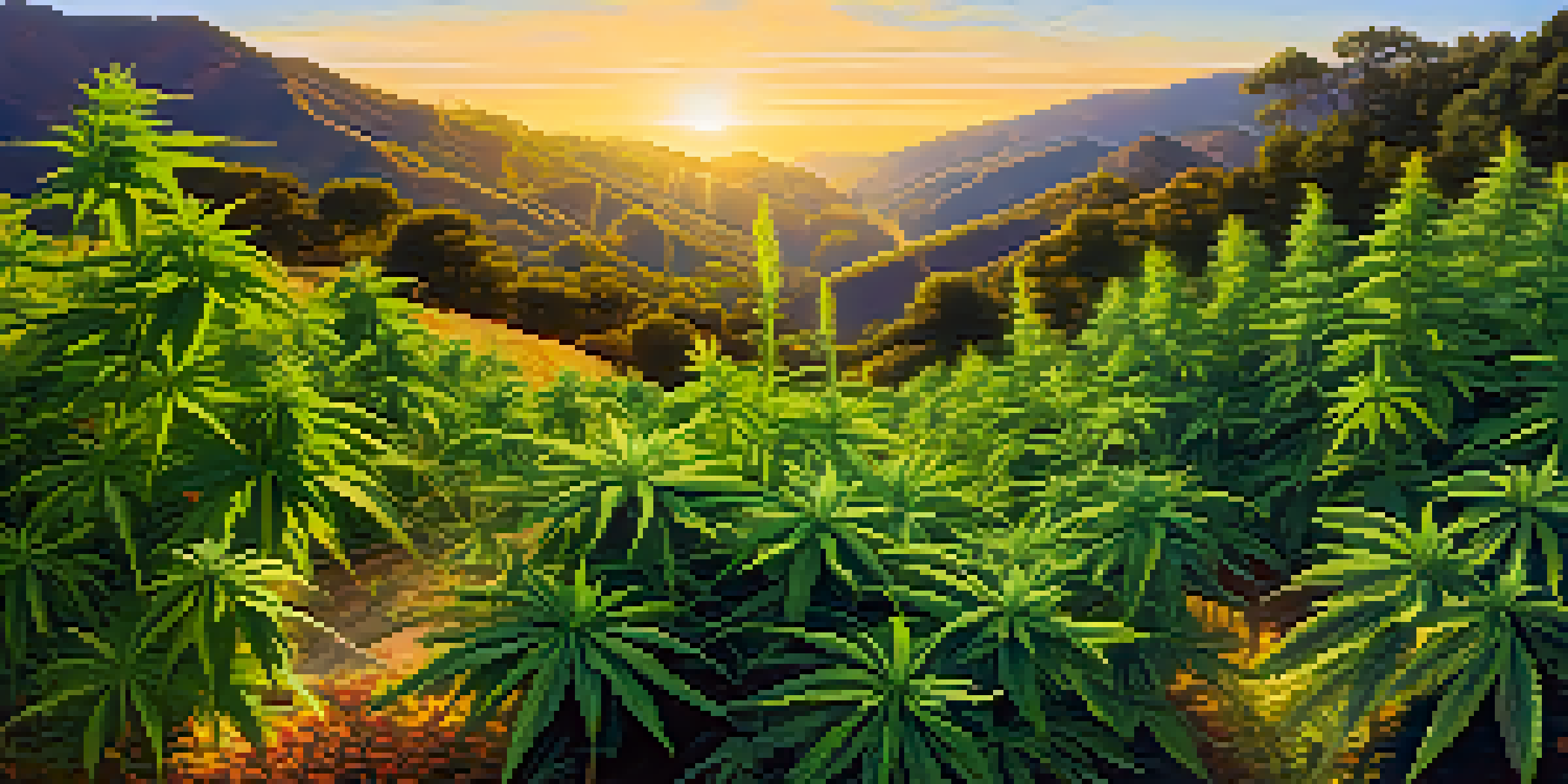 An outdoor marijuana garden illuminated by sunrise, featuring diverse green plants under a clear blue sky.