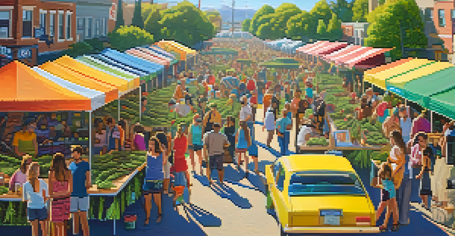A lively outdoor event showcasing small cannabis businesses with colorful tents and local residents enjoying the atmosphere.