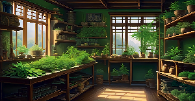 A warm and inviting herbalist's workshop with various plants and herbs, including cannabis, illuminated by soft sunlight.