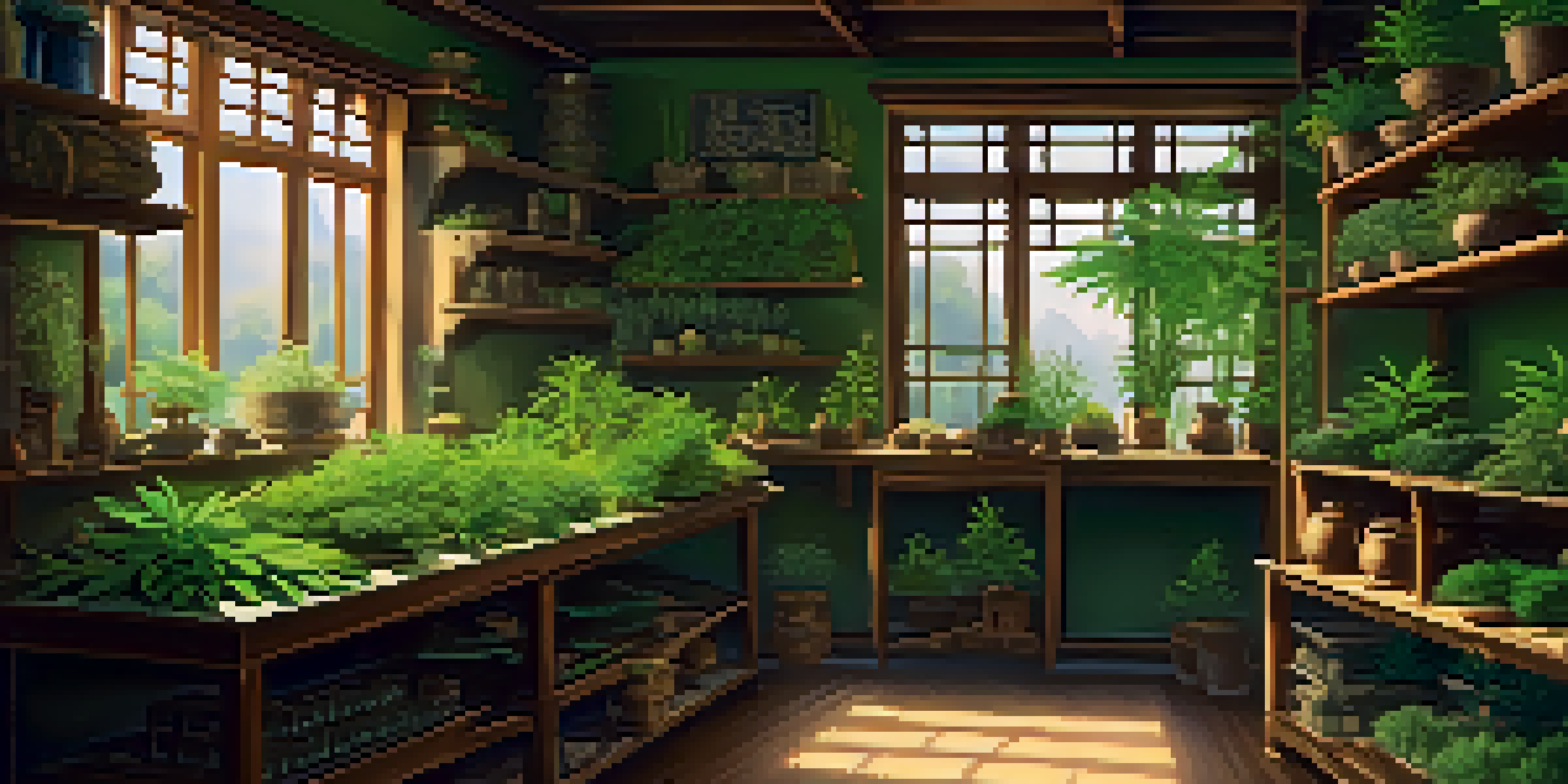 A warm and inviting herbalist's workshop with various plants and herbs, including cannabis, illuminated by soft sunlight.