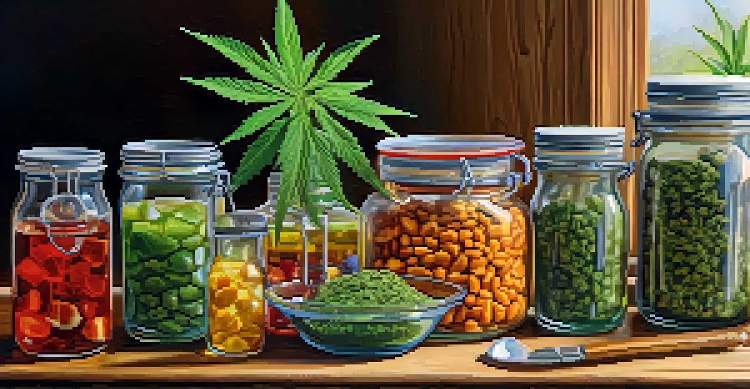 A close-up of artisanal cannabis-infused products including edibles and beverages on a rustic wooden table.