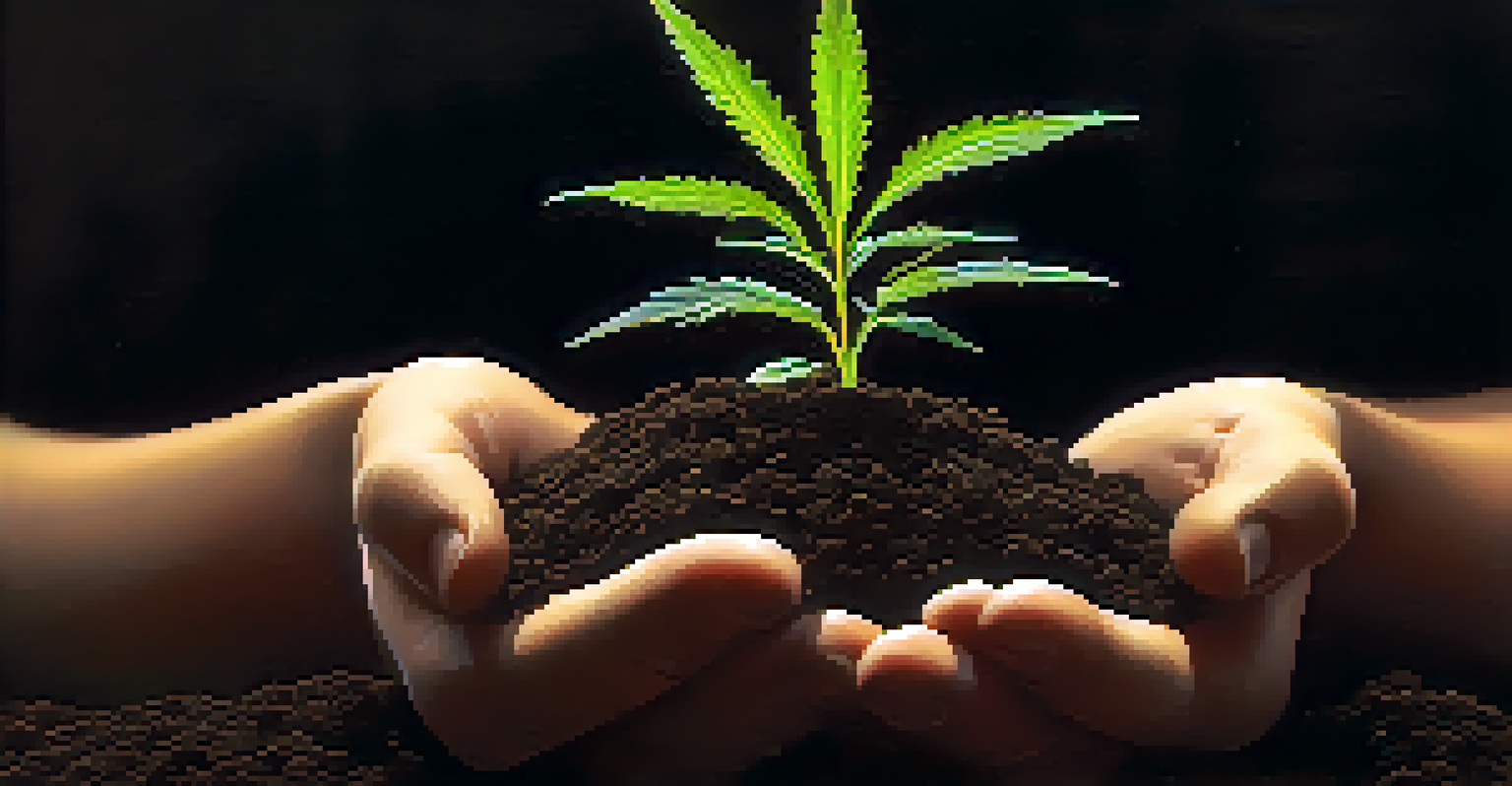 Close-up of hands holding a young cannabis seedling in soil, with soft light and blurred greenery in the background.