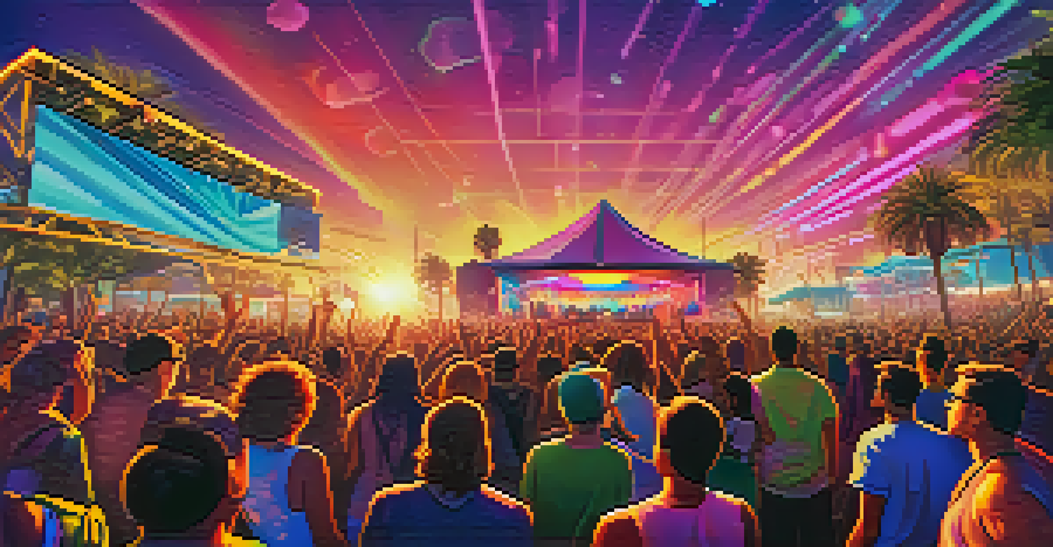 A lively outdoor music festival at sunset with a DJ and an enthusiastic crowd dancing under colorful lights.