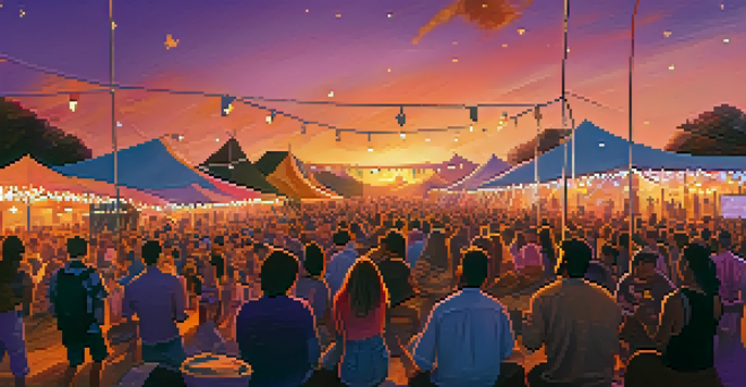 A vibrant outdoor music festival at sunset with a diverse crowd and musicians on stage, surrounded by colorful tents and string lights.