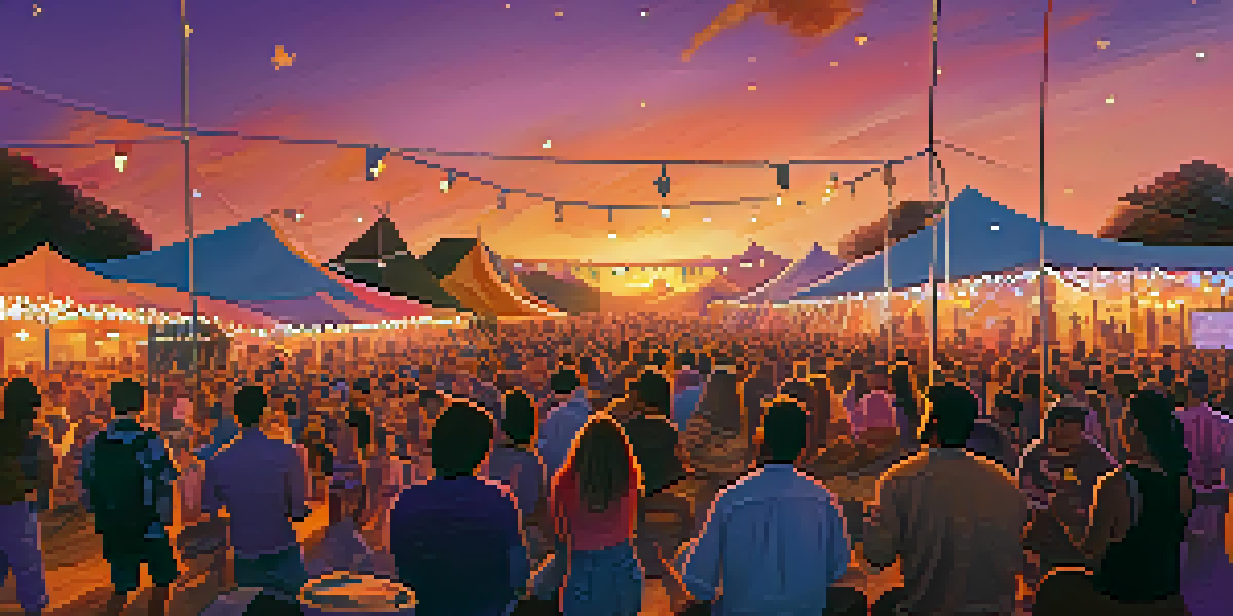 A vibrant outdoor music festival at sunset with a diverse crowd and musicians on stage, surrounded by colorful tents and string lights.