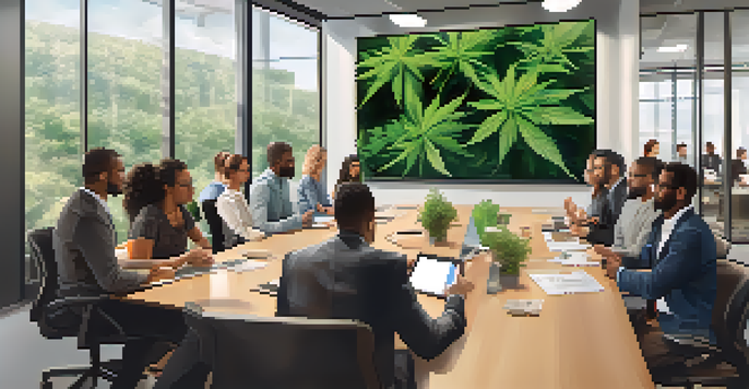 A diverse group of employees in a modern office attending a training session about marijuana policies, with a projector displaying slides.