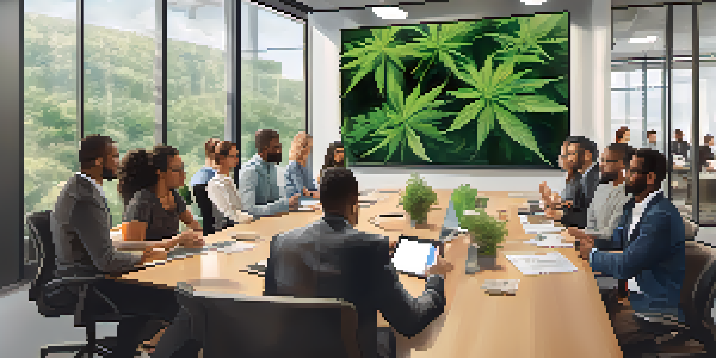 A diverse group of employees in a modern office attending a training session about marijuana policies, with a projector displaying slides.
