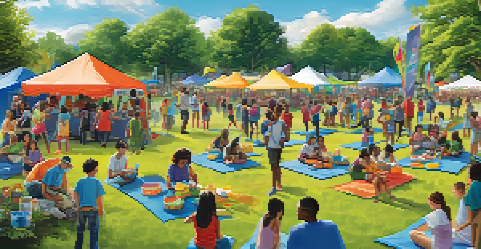 A vibrant outdoor community event with young people engaged in arts and crafts, surrounded by supportive parents.