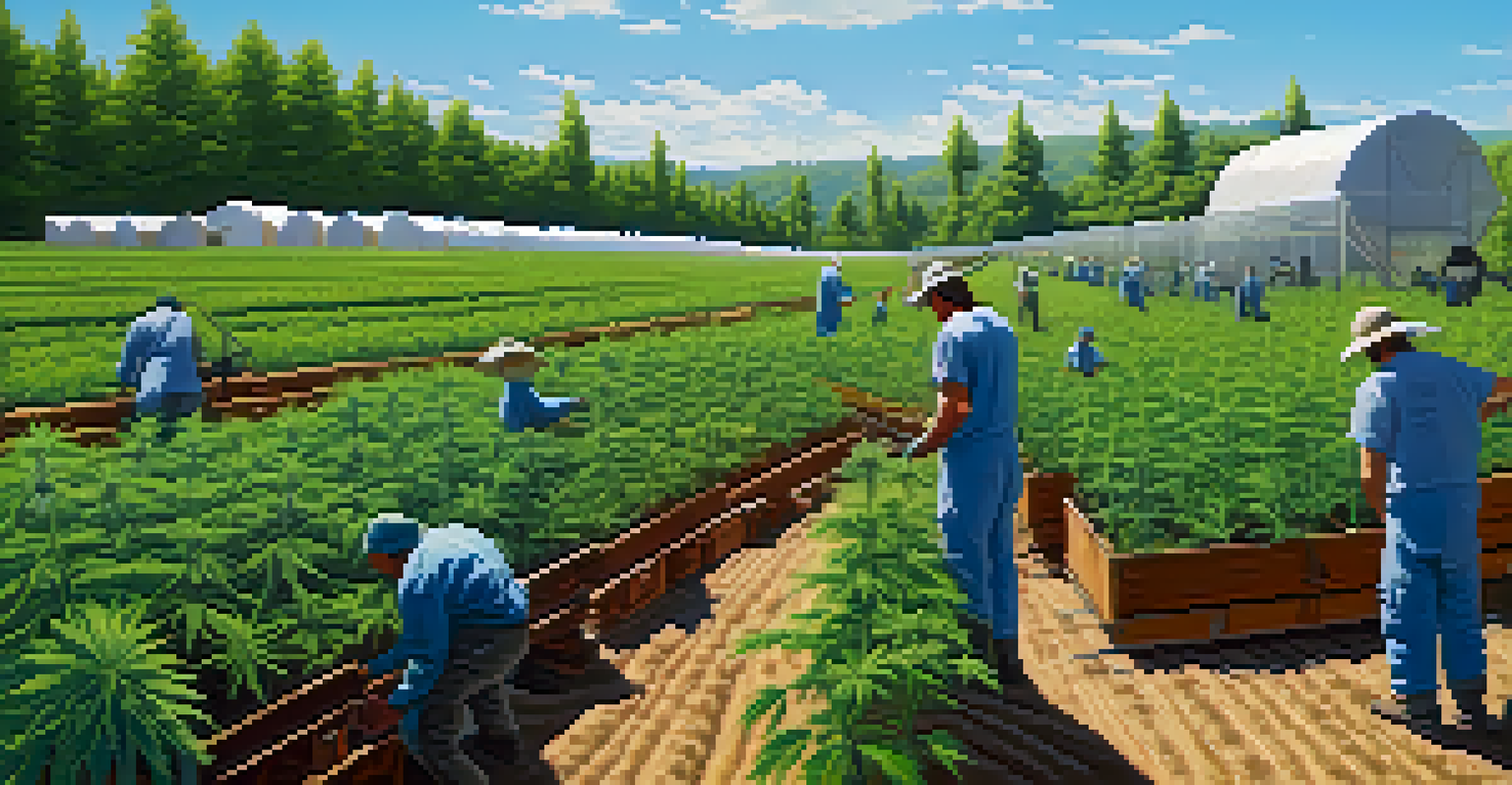 An artisan cannabis farm with workers tending to lush green plants under a clear blue sky, highlighting agricultural dedication.