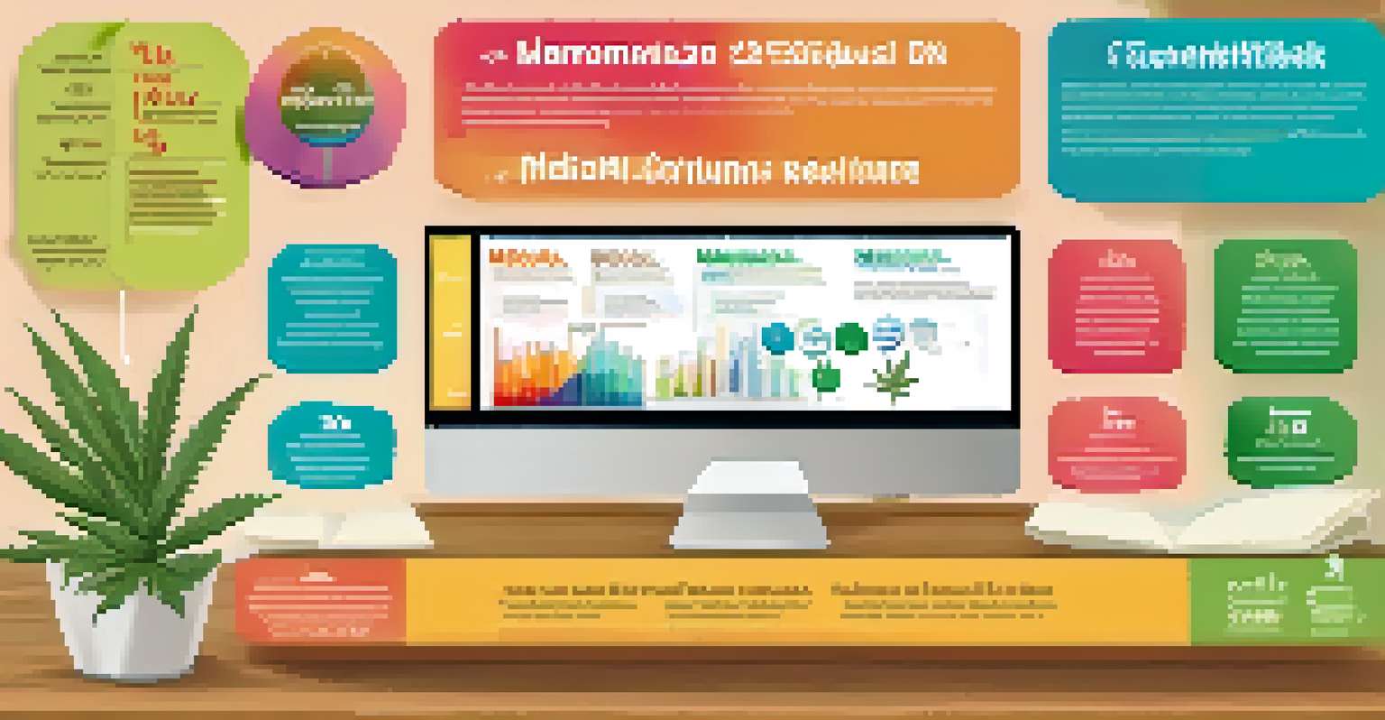 A colorful infographic on a digital device illustrating the benefits and risks of medical marijuana on a wooden table.