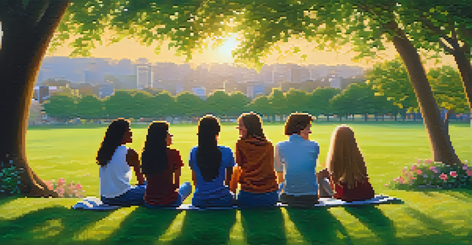 A diverse group of teenagers laughing and talking in a park during sunset.