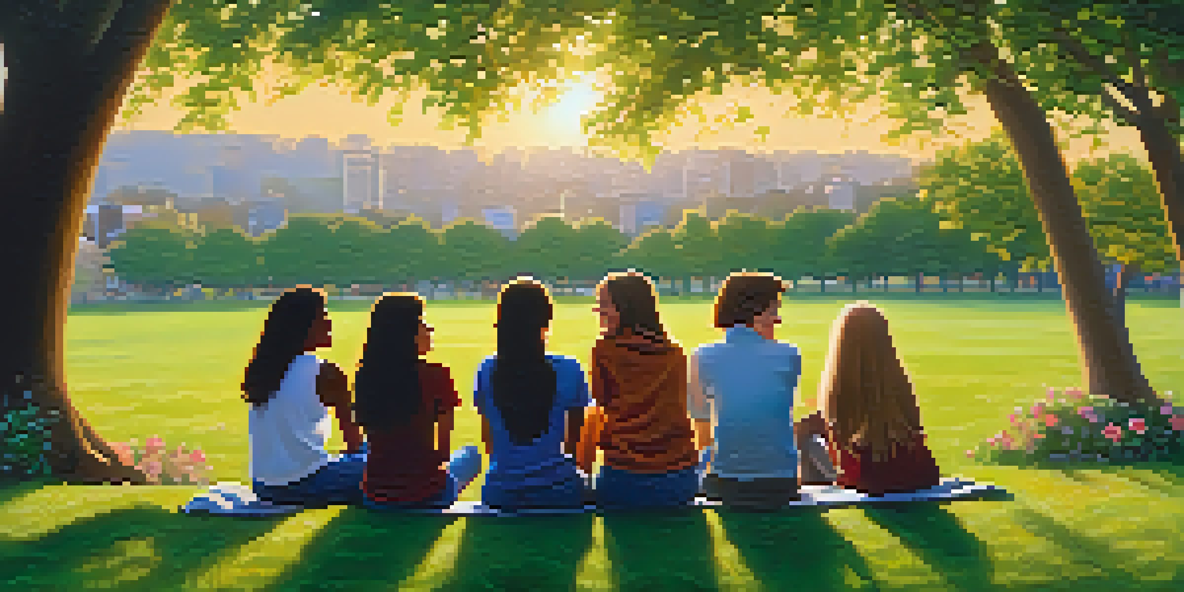 A diverse group of teenagers laughing and talking in a park during sunset.