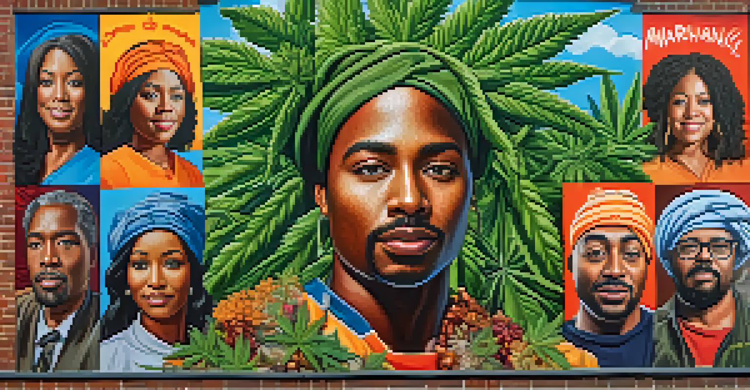 An educational mural illustrating the history of marijuana and racial equity, with vibrant colors and artistic representations.