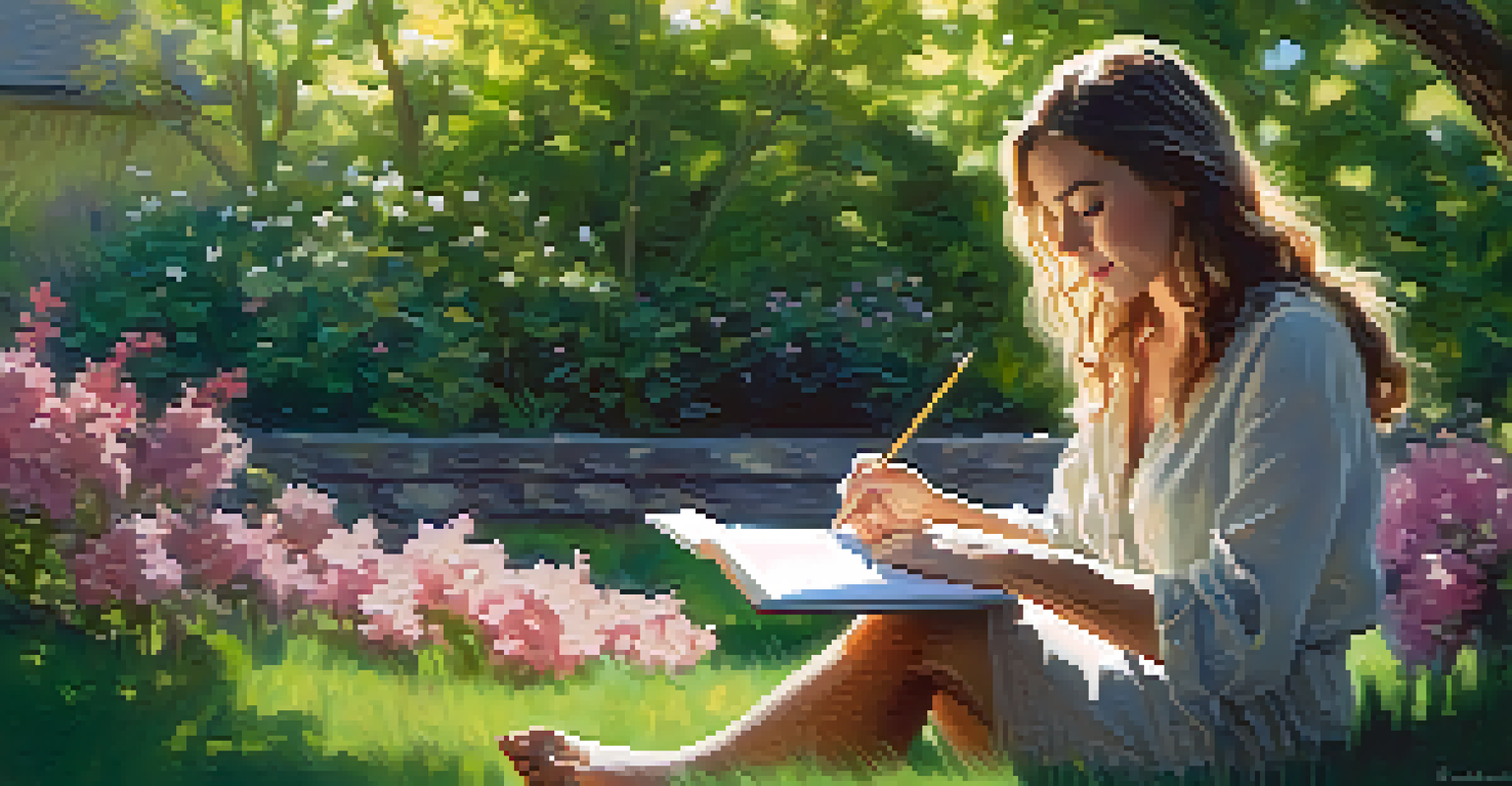 A woman practicing mindfulness in a garden, surrounded by blooming flowers and sunlight filtering through trees.