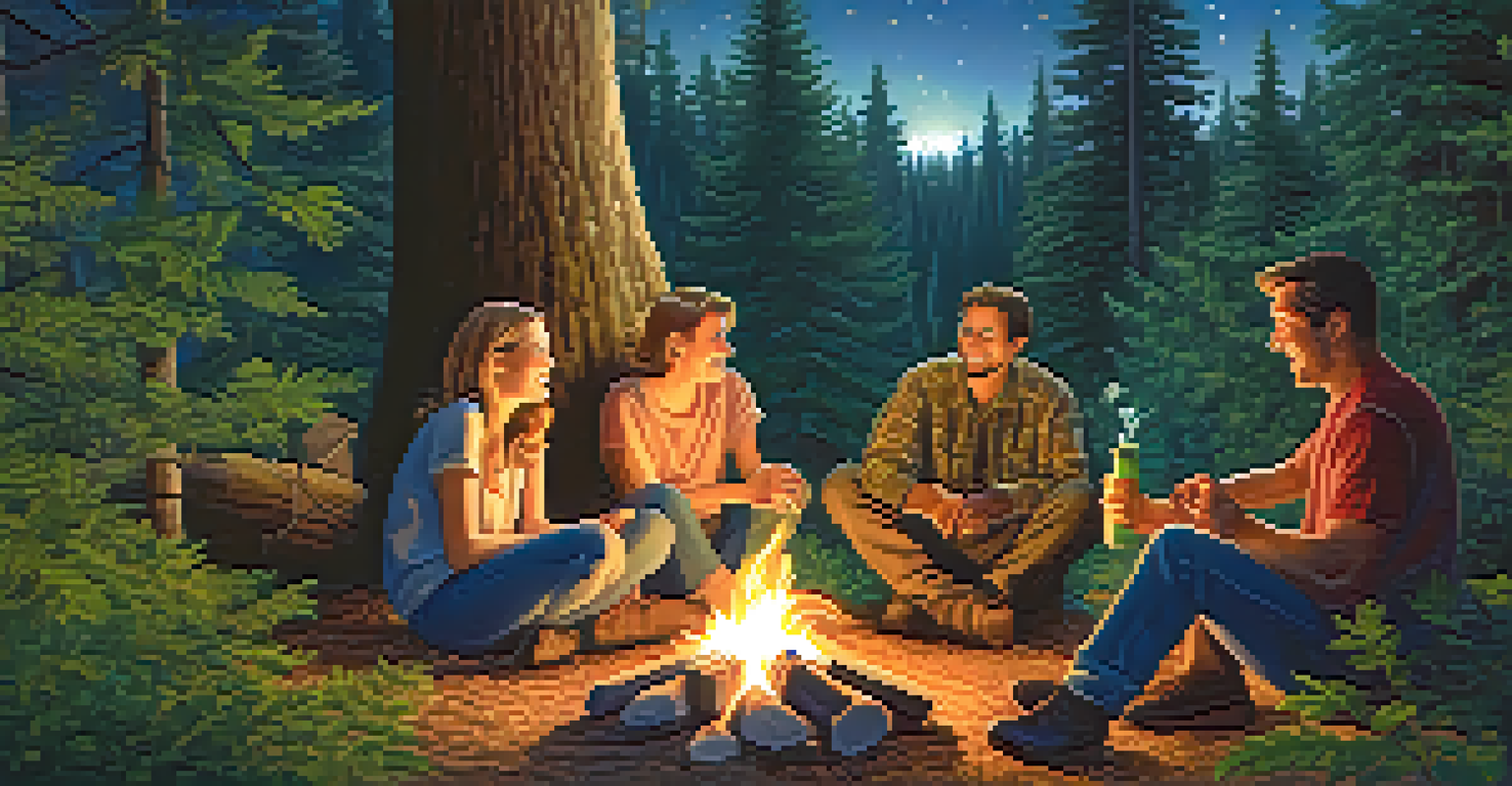 A group of friends around a campfire at night, enjoying each other's company and sharing cannabis products under a starry sky.