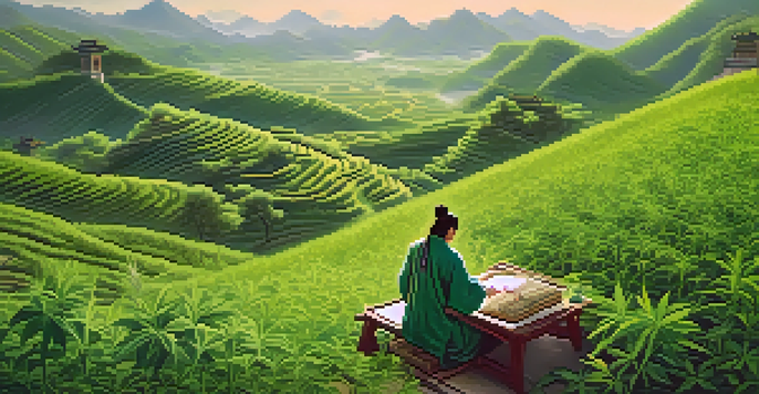 A traditional Chinese healer in a lush field with marijuana plants, preparing herbal remedies under soft morning light.