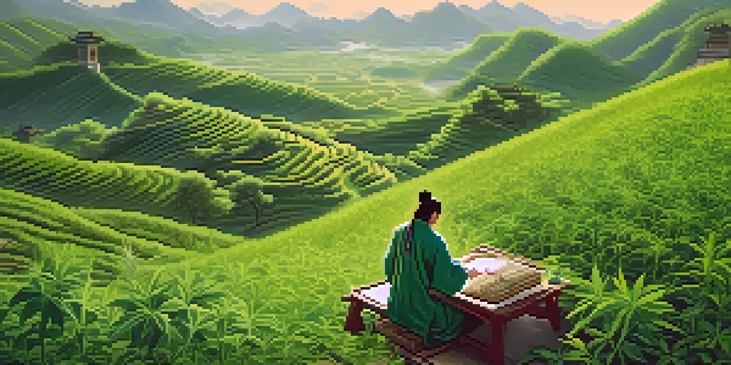A traditional Chinese healer in a lush field with marijuana plants, preparing herbal remedies under soft morning light.