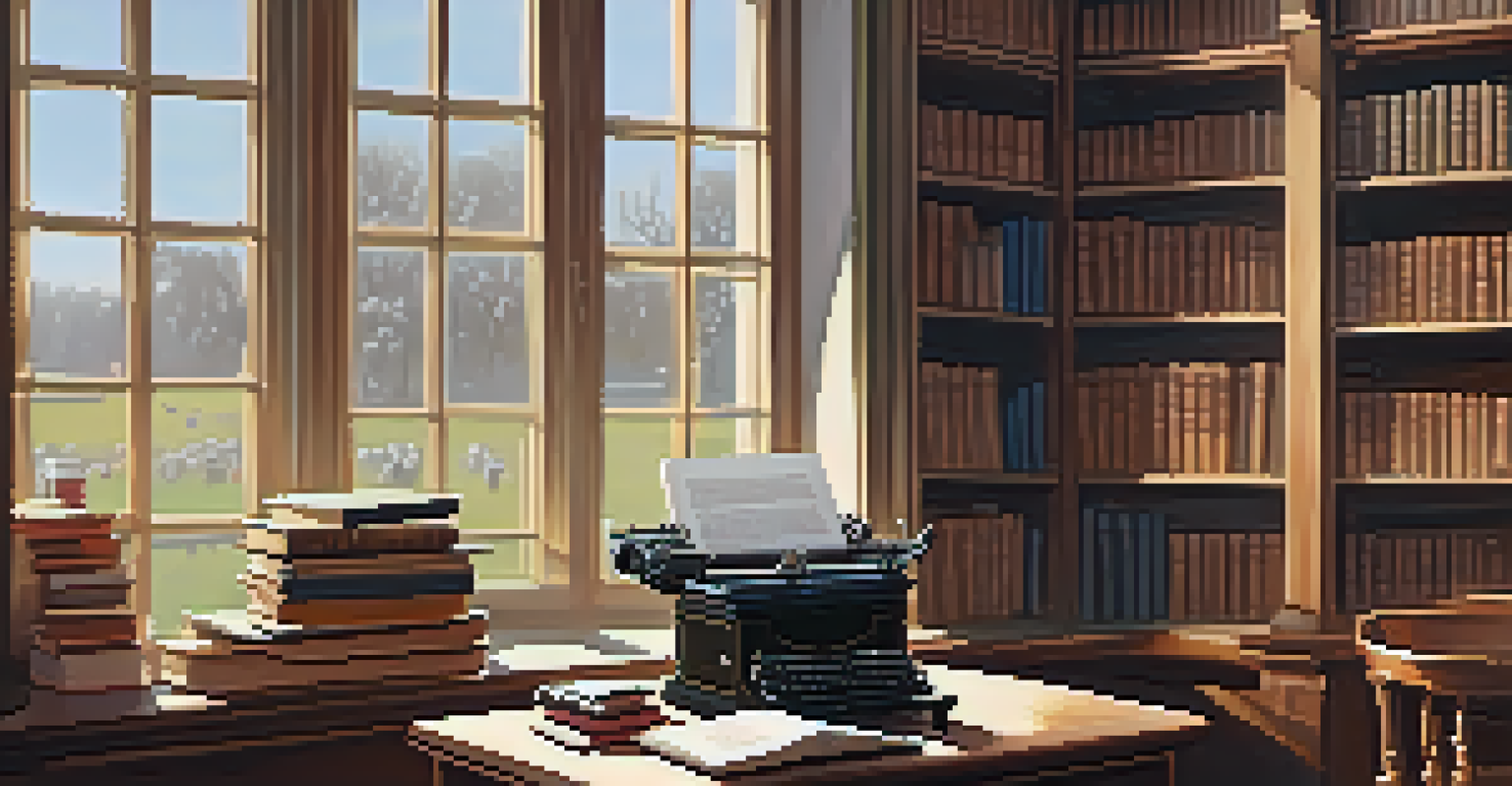 A writer at a wooden desk in a cozy library, typing on a vintage typewriter with books around them.