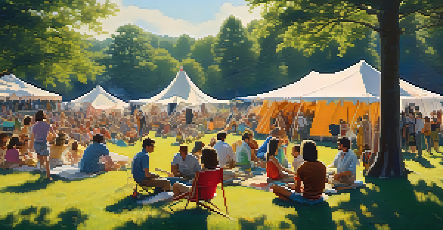 A serene 1960s music festival scene with people in vibrant clothing, tents, and musicians in a lush green field under soft sunlight.