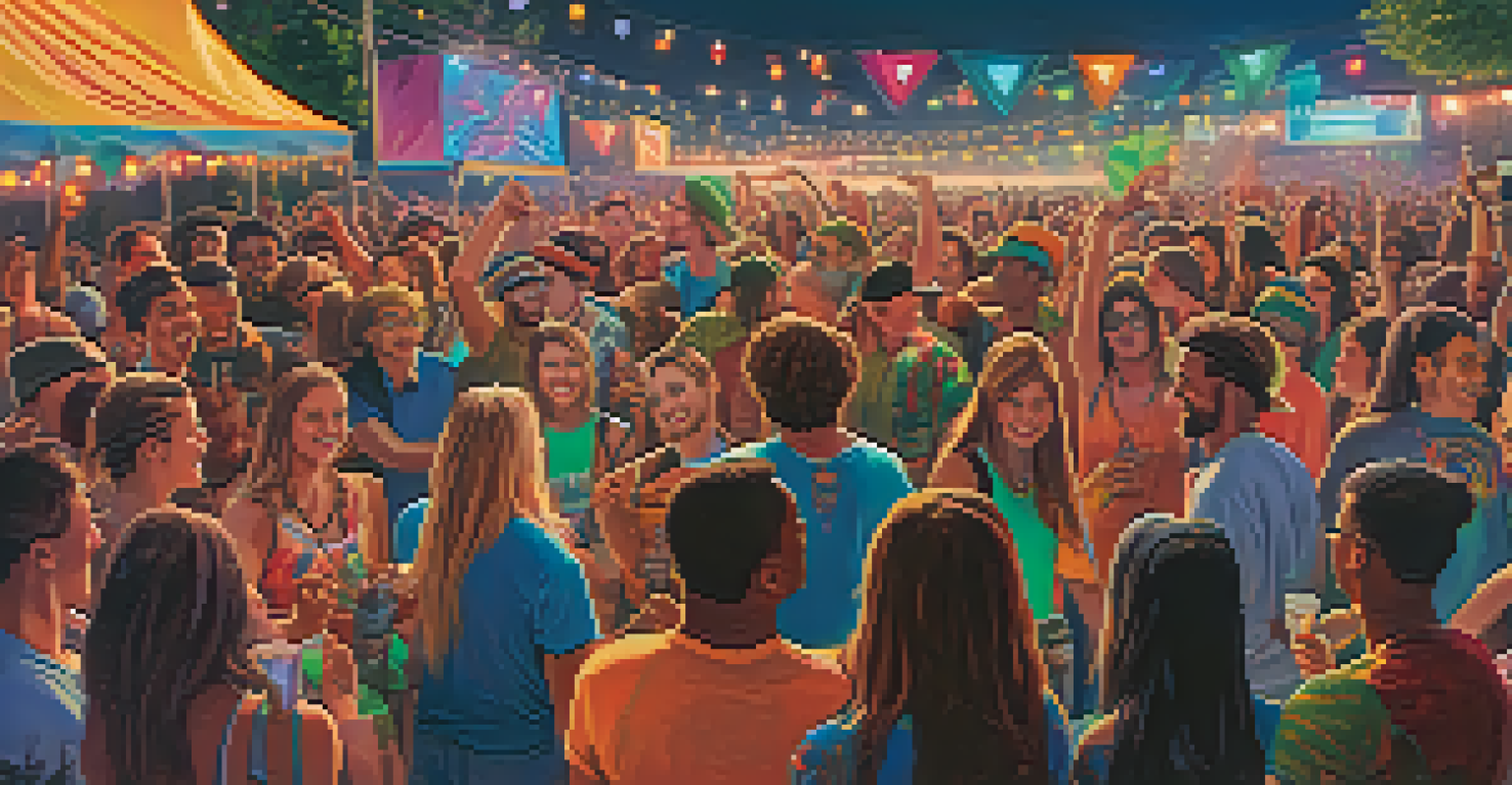 A lively outdoor music festival with a crowd enjoying performances, featuring young adults sharing moments and some holding marijuana-themed accessories.